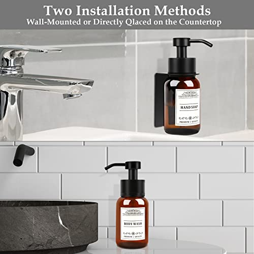 8.5oz Brown Glass Soap Dispenser 2 Pack for Kitchen Bathroom Black | Leakproof conditioner and hand soap pump set with waterproof DIY labels; rustproof holder saves countertop space. - color: Amber Set of 2