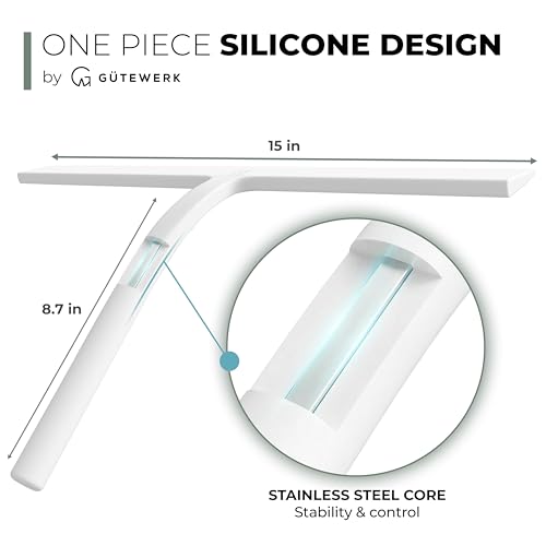GÜTEWERK Silicone Shower Squeegee for Glass Doors & Mirrors with Stainless Steel Core, Streak-Free & No-Squeak Window Cleaning, 3-in-1 No-Drill Mount (Hook/Suction/Adhesive),White, 15 Inches - color: White, size: 15 Inches