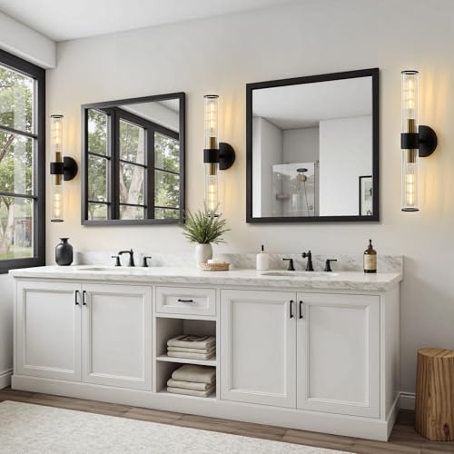 Bathroom Light Fixtures, Black Gold Wall Sconce in Threaded Glass Vanity Light, Modern Bathroom Wall Light for Bedroom, Living Room - Bulb Not Included - color: Black Gold-B