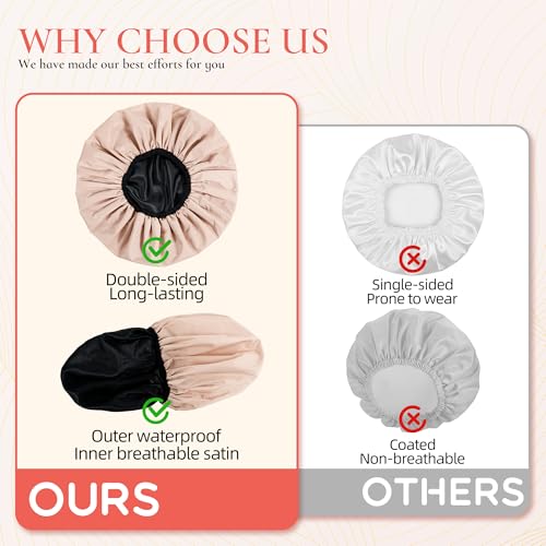 Extra Large Shower Cap for Women, Reusable Waterproof Shower Bonnet with Satin Lining, Double Layer Washable Bath Hair Cap for Braids, Locs, Long Thick Curly Hair, Natural Hair(Big Beige) - color: Beige