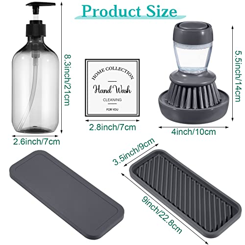 4 Pieces Kitchen Soap Dispenser Set Includes 16 oz Plastic Dish Soap Hand Dispenser was with Silicone Tray and Labels, Brush and Drip Tray(Black, Gray)