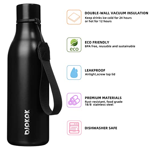 BJPKPK Insulated Water Bottles, 18 oz Stainless Steel Metal Water Bottle with Strap, BPA Free Leak Proof Jugs, Mugs, Flasks, Reusable Thermal Flasks for Sports & Travel, Black - color: Black, size: 18 Ounces, style: 18oz