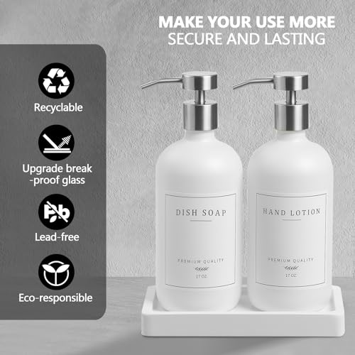Glass Soap Dispenser Bathroom - Kitchen Dish Hand Soap Dispenser Set, Liquid Soap Lotion Dispenser with Tray, Hand Soap and Lotion Dispenser, White Bottle/Silver Pump-pd - color: White Bottle/Brushed Silver Pump + Tray