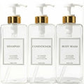 Modern Gold Design Shampoo and Conditioner Dispenser, Large 27oz Shower Soap Dispenser, Set of 3 Refillable Empty Plastic Pump Bottles for Bathroom, 6 Waterproof Labels Included, (Clear & White) - color: Clear & White