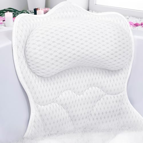 REEZEIVI Bath Pillows for Tub,Bath Pillow with 6 Non-Slip Suction Cups,Soft 4D Mesh Fabric,Bathtub Pillows for Tub Neck and Back Support,Extra Thick Luxury Bathtub Pillows,White - color: White
