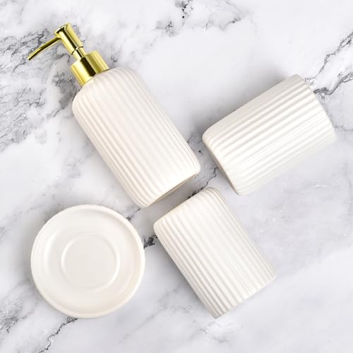White Bathroom Accessories Set, 4PC Ceramic Bathroom Sets Complete-Toothbrush Holders, Soap Dispenser, Soap Dish, Toothbrush Cup, Modern White Gold Bathroom Decor, Bathroom Organizer for Countertop - size: GWhite-4pcs