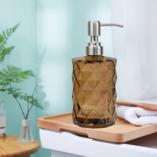 12Oz Brown Glass Soap Dispenser with Stainless Steel Pump, Refillable Kitchen Liquid Hand Soap Dispenser with Diamond Design, for Dispense Hand soap, Dish Soap, Lotion, Bathroom, Countertop, Hotel - color: Brown Diamond