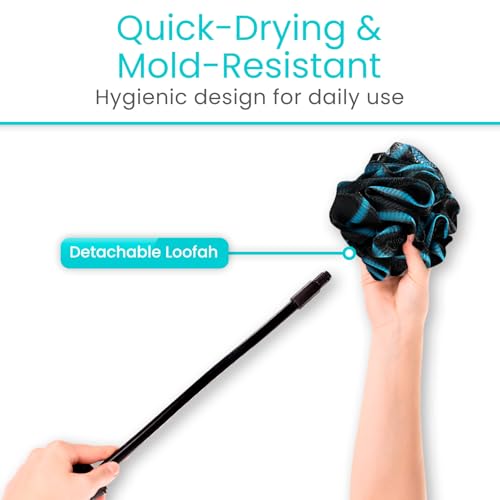 Vive Bendable Loofah on a Stick with Long Handle - Body Exfoliator Luffa & Long Handled Sponge - Back Scrubber & Bath Brush Lufa for Shower, Women, Men, Elderly - Handheld Loofa & Wall Hook Included