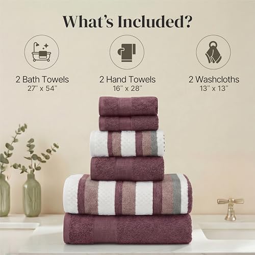Modern Threads Pax 6-Piece Reversible Yarn Dyed Jacquard Towel Set - Bath Towels, Hand Towels, & Washcloths - Super Absorbent & Quick Dry - 100% Combed Cotton, Rosewood - color: Rose, style: Wide Stripe