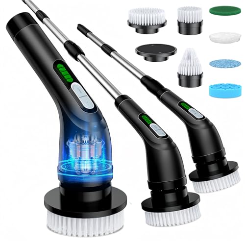 Electric Spin Cleaning Brush, Comes with 7 Reusable Brush Attachments & Adjustable Extension Handle