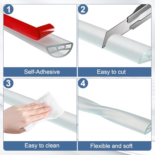 Self-Adhesive Silicone Shower Water Dam Stopper, Transparent, 118inch | Collapsible Splash Guard, Wet Dry Separation, Walk-in Shower Edge Seal Strip, Multi-Use Water Barrier - color: Transparent