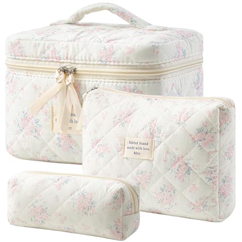 HBselect Quilted Makeup Bag, 3PCS Cotton Large Travel Makeup Bag, Cute Floral Coquette Make up Bag Cosmetic Bag Toiletry Bag for Women Girls - color: A-3PCS-Floral 34