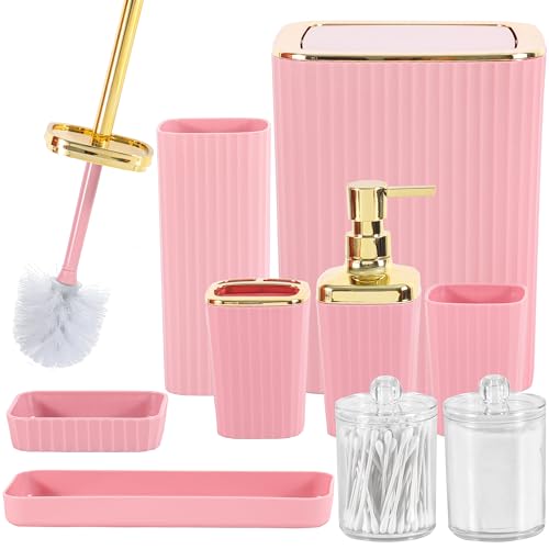 Bathroom Accessory Set,9 Pieces Pink Bathroom Accessories Set with Trash Can, Toothbrush Holder, Soap Dispenser, Toothbrush Cup, Vanity Tray, Soap Dish, Toilet Brush, Qtip Holder - color: Pink