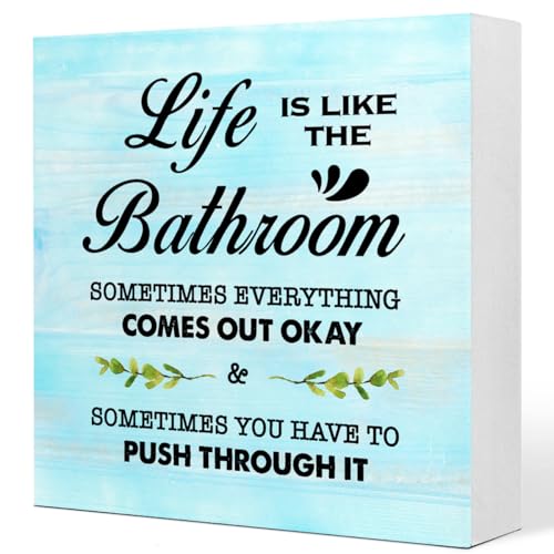 Blue Life is Like The Bathroom Wooden Box Sign Desk Decor,Funny Bathroom Wood Block Sign for Farmhouse Toilet Shelf Decor - color: Blue