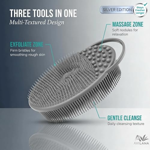 Avilana Silicone Body Scrubber for Shower – SGS Certified Food Grade Dual Sided Bath Brush, Gentle Exfoliating Silicone Loofah Alternative, Sensitive Skin Body Brush (Blue-Silver, Exfoliate) - color: Blue-silver, size: Exfoliate