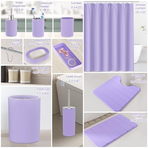 Purple Bathroom Accessories Set - Bathroom Sets, 25PC Bath Accessory Set, Bathroom Sets with Push Top Trash Can, Shower Curtain and Rugs, Toilet Brush, Trash Can & Soap Dispenser - color: Purple & Silver, size: 25-Piece Set (Accessories + Shower Curtain +