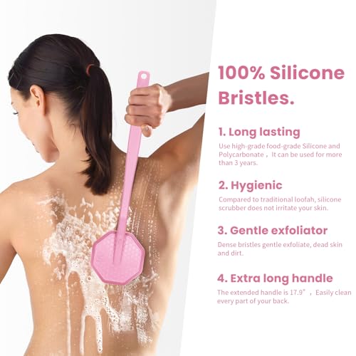 iTokGoK® Silver-Infused Silicone Back Scrubber with Long Handle Back Brush for Shower,Back Brush Long Handle for Men and Women,Ergonomic No-Slip Handle, Long-Lasting (Pink) - color: Pink