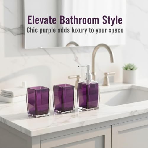 Bathroom Accessories Set,Soap Dispenser,Soap Dish,Toothbrush Holder, Tumbler, Acrylic Bathroom Accessories Set Complete, Modern Bathroom Décor, Gift for Home (PURPLE-4PCS) - color: Purple-4pcs