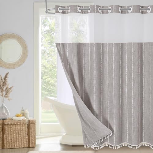 MitoVilla No Hooks Needed Farmhouse Shower Curtain with Snap-in Liner - with Window & Magnets, Boho Cotton Linen Fabric Shower Curtains with Tassels for Rustic Bathroom Decor, Grey Taupe, 72 x 74 - color: Grey - Win
