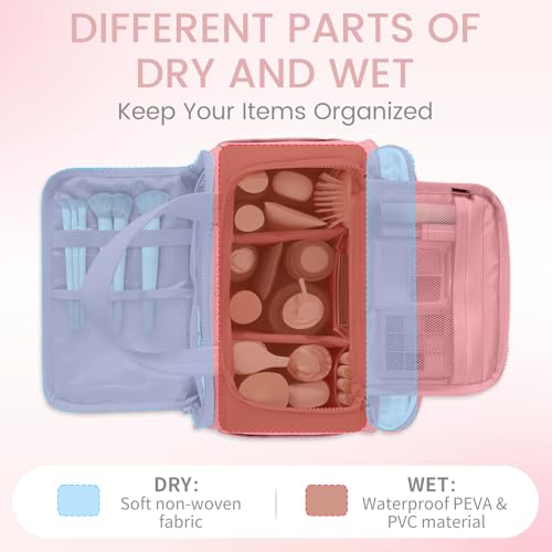 Travel Toiletry Bag for Women,Large Makeup Bag Organizer,Puffy Cosmetic Bag with Wet Dry Separation,Waterproof Toiletries Bag with Trolley Sleeve,Dark Pink - color: Dark Pink