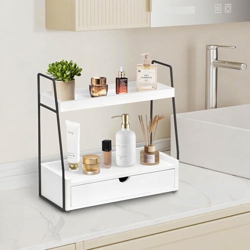 2-Tier Bathroom Organizer Countertop with Drawer, Wood Counter Organizer for Bathroom Decor, Sink Shelf for Vanity Storage, Makeup Tray for Perfume Skincare, Spice Rack Bedroom Kitchen Corner ﻿ - color: White&black