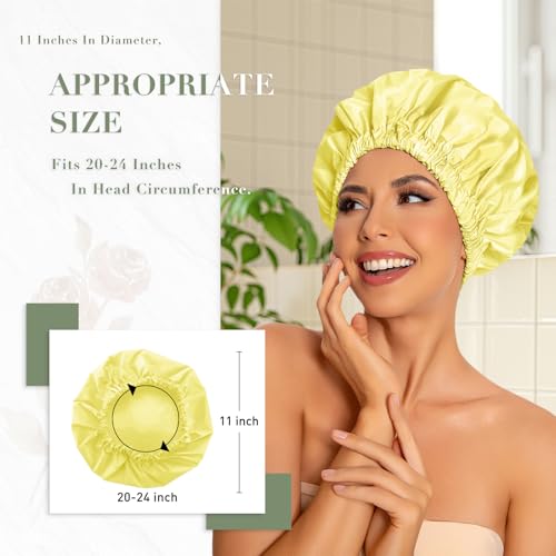 Edoneery Reusable Shower Caps for Women, Waterproof Long Hair Bonnet | Washable Design, Wide Elastic Band, Large Fit, Holds Long Hair, Braids Friendly, Bath Accessories, Spa, Travel - color: Bright Yellow