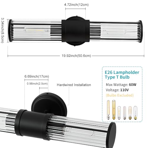 Black Wall Sconce Bathroom Vanity Light Fixtures for Mirror, Modern Wall Light with Glass Rod Shade for Bathroom, Bedroom, Hallway, Living Room - Bulb Not Included - color: Black-Glass Rod