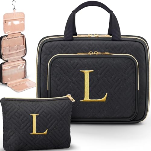 Gifts for Women, Initial Toiletry Makeup Bag Hanging Cosmetic Organizer with Embroidery Letter Personalized Nurse Teacher Appreciation Birthday Mothers Day Gifts for Mom Sister Wife Friends Auntie Her - style: L