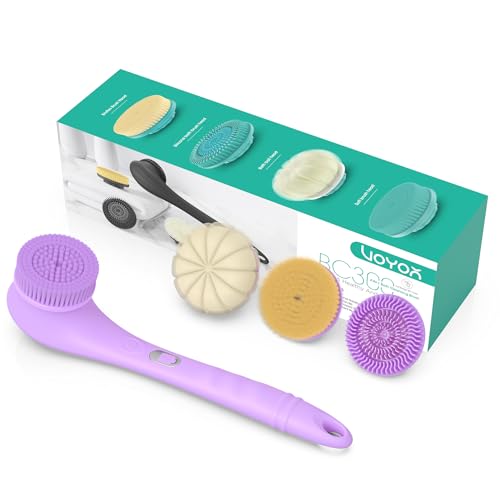 VOYOR Electric Body Brush Back Scrubber Silicone Body Scrubber Two-Way Rotating Brush Head for Deep Cleaning, Exfoliation, 4 Attachments Long Handle IPX6 Rechargeable Shower Brush BC300 (Purple) - color: Purple