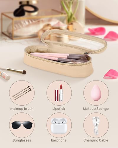 Soimeat Clear Travel Makeup Brush Holder, Leather Makeup Brush Toiletry Bag, Portable Cosmetic Brush Case, Transparent Waterproof Makeup Brush Storage Bag, Khaki - color: Khaki, size: Small