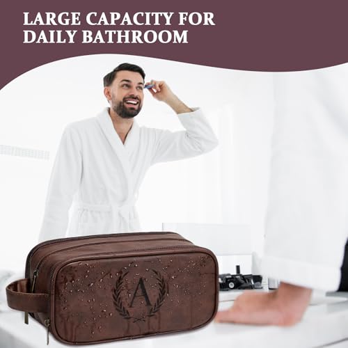 Travel Toiletry Bag For Mens PU Leather Engraved Initials (Dark Brown A) | Personalized Gifts For Father Husband Groomsmen Birthday Waterproof Dopp Kit Bag Beach Travel Essentials Bathroom Organizer - color: Dark Brown, style: A