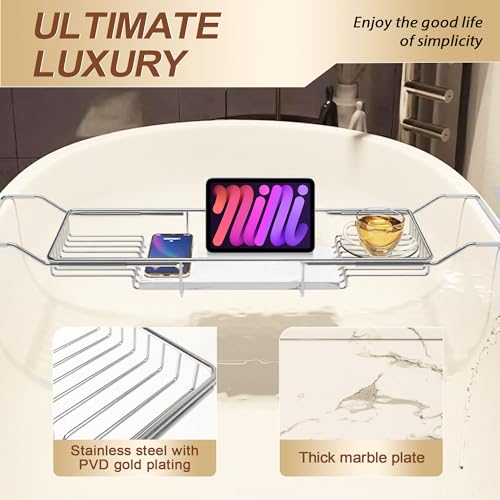 BVL Bathtub Tray Stainless Steel with Marble Base Chrome Bathtub Tray with White Marble Base Adjustable & Rustproof Bath Caddy for Spa, Relaxation, Bath Bombs - color: Chrome