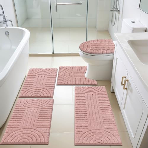 SHACOS Bathroom Rugs Sets 5 Piece Ultra Soft Absorbent | Microfiber Bath Mat with Bath Runner, U Shape Contour Rug, Toilet Lid Cover, Non Slip Machine Washable Carpet, Grey Pink - color: Grey Pink