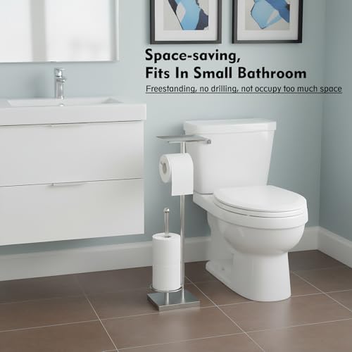 Toilet Paper Holder with Shelf, Toilet Paper Stand with Storage for Holding Extra 3 Rolls, Freestanding Toilet Paper Holder for Bathroom (Brushed Nickel with Metal Base) - color: Brushed Nickel With Metal Base