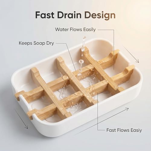 Bamboo Fiber Soap Holder & Dish Combination, White | Bathroom Bar Soap Holder, Sink Deck, Bathtub, Shower Tray - color: White