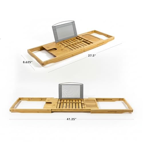 OVENTE Bathtub Tray Caddy, Expandable Bamboo Bath Tray Table, Wooden Tub Board with Books, Tablets, Phone and Wine Glass Holder, Bathroom Accessories and Home Spa Essentials, Wood BTC20228