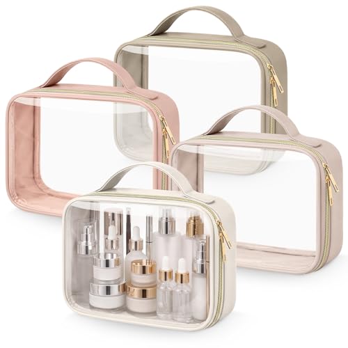 Abbylike 4 Pcs Clear Makeup Bags with Handles Tsa Approved Toiletry Bag with Zipper PU Leather Quart Size Clear Cosmetic Pouch for Travel Women Men Airport Compliant Bags(Nude Tonal Combinations) - color: Nude Tonal Combinations