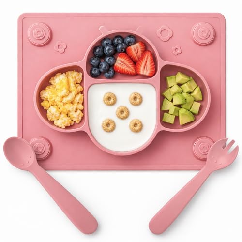 ROCCED Suction Plates for Baby Placemat Spoon Fork Set for Toddlers, Silicone Baby Plates with Suction Baby Dishes for Kids Plates-pale mauve - color: Pale Mauve