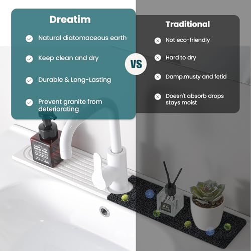 2 PCS Diatomite Stone Faucet Mat for Kitchen Sink, Dark Grey, Quick Drying Water Absorbing Pad, Sink Splash Guard & Protector for Kitchen and Bathroom Counter (White-Long) - color: White-Long