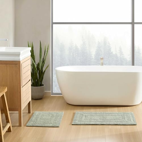 Eddie Bauer - Bathroom Rug, 100% Soft Plush Tufted Cotton Bath Rug, Highly Absorbent, Quick-Dry, and Skid-Resistant Backing (Logan Olive Green, 2 Piece) - color: Olive Green, style: 2 Piece