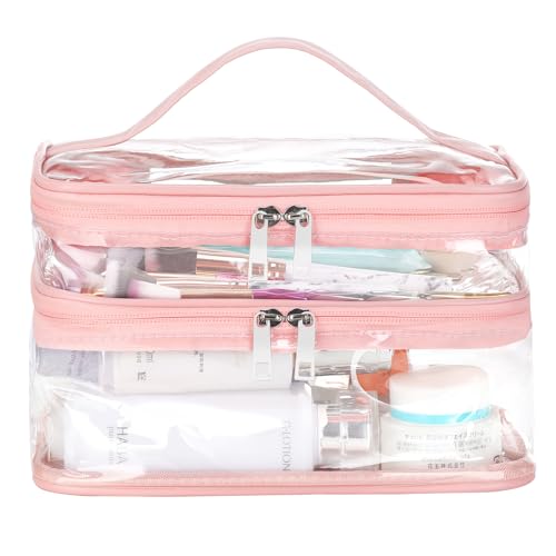 HAOGUAGUA Double Layer Clear Cosmetic Bag Makeup Bag, Waterproof Travel Toiletry Bag, Transparent PVC Pouch Organizer (Pink Large) - color: Pink Large