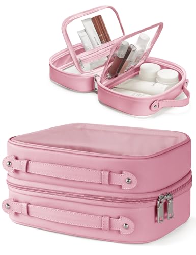 Clear Cosmetic Bag Double Layer Travel Toiletry Bag Clear Makeup Bag Case with 4 Compartments, Transparent Travel Bag for Toiletries, Large Toiletry Bag for Women Cosmetic Case (Pink, Large) - color: Pink, size: Large