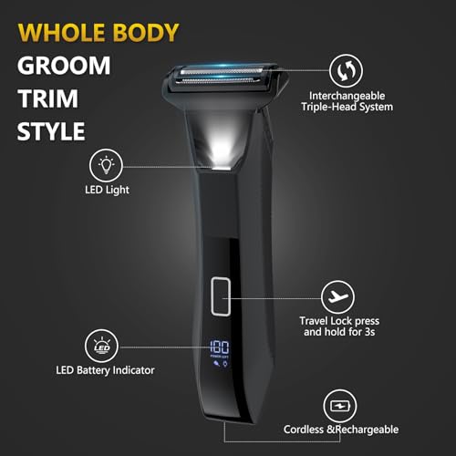 Manscape Men Body Trimmer IPX7 Waterproof Ball Pubic Hair Groomer | 3‑in‑1 no‑nick trim, LED display, travel lock, lightweight, nose trimmer, travel gift for men, fully washable body shaver - color: Black