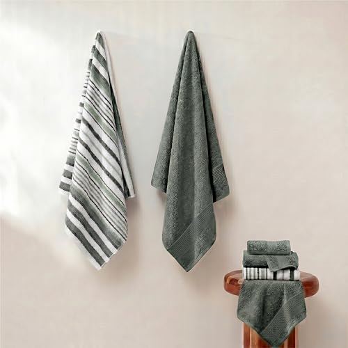 Modern Threads Pax 6-Piece Reversible Yarn Dyed Jacquard Towel Set - Bath Towels, Hand Towels, & Washcloths - Super Absorbent & Quick Dry - 100% Combed Cotton, Ivy - color: Green, style: Wide Stripe