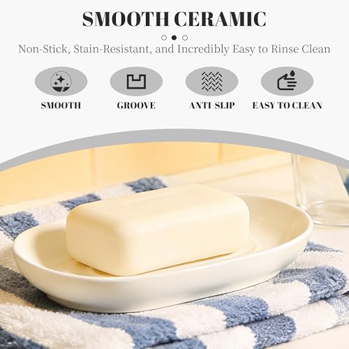 White Ceramic Soap Dish for Bathroom & Kitchen Sink – Raised Center Keeps Soap Dry & Easy Clean, Heavy Ceramic Stays Put on Wet Ledges; Also Holds Soap Bars, Sponges, Jewelry, Keys & Small Items - color: White