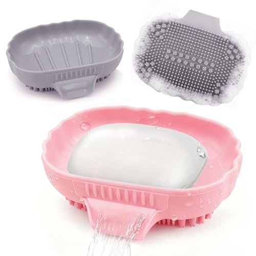 Silicone Soap Dish with Drain 2 Pcs, Anti-Slip Bathroom Bar Soap Holder Dishes Self Draining Waterfall Saver Plate for Shower Sink - Unique Bottom Brush Easy Dry & Clean (Pink + Lavender Grey) - color: Pink + Grey