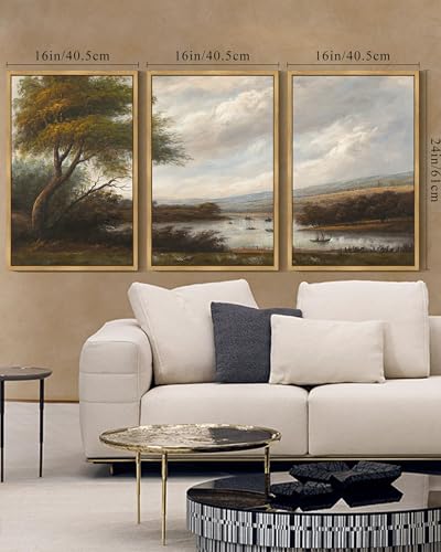 SHENIFY Vintage Landscape Framed Wall Art Riverside Scenery Farmhouse Decor Retro Boat Travel Painting for Hallway Living Room Bedroom Dining Room - 16x24in3pcs Natural Framed - color: Natural, size: 24L" x 16W" x 3PCS