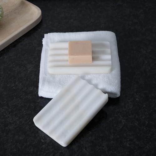 2PCS Koville African Natural Marble Soap Dish for Shower, Stone Soap Tray for Bathroom, Bar Soap Holder for Sink, Stripe Grooves Saver Keep Bars Dry Easy Clean (Namib Bianco) - color: White