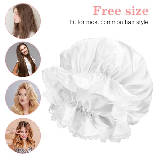 Shower Cap for Women, Reusable Waterproof Shower Cap, White Lace Trim Bath Caps for Long Curly Thick Hair, Hair Caps with Soft Elastic for Showers, Skincare, Cooking, Spa and Travel Use