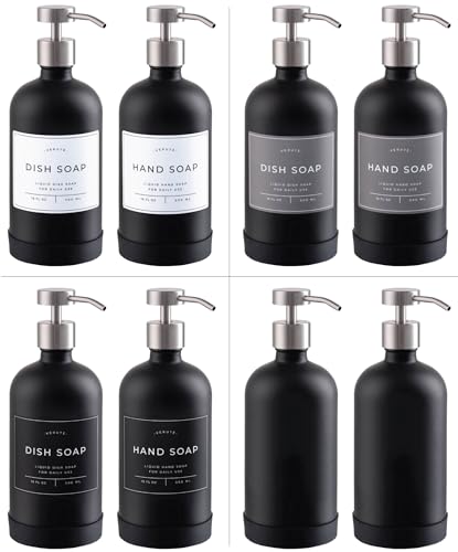 Hand and Dish Soap Dispenser for Kitchen and Bathroom, Set of 2 16 Oz Glass Bottles, Stainless Steel Pumps, Non-Slip Silicone Base, 27 Waterproof Labels (Matte Black Bottle/Brushed Silver Pump) - color: Matte Black Bottle / Brushed Silver Pump